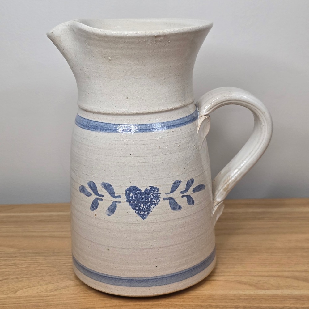 Vintage Handmade Stoneware Studio Pottery Beige Glaze Blue Heart Pitcher Signed